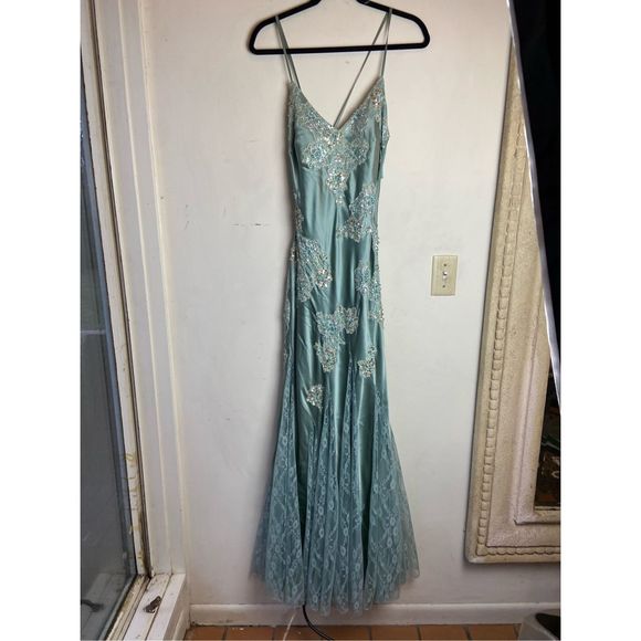 Vintage Cache Silk Gown Beaded Lace Sequin Gemstone Slinky Low Back Dress - SZ 8 - Picture 12 of 12